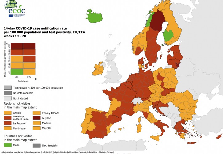 Χάρτης ECDC: Στο «πορτοκαλί» του επιδημιολογικού χάρτη οι περισσότερες περιοχές της Ελλάδας