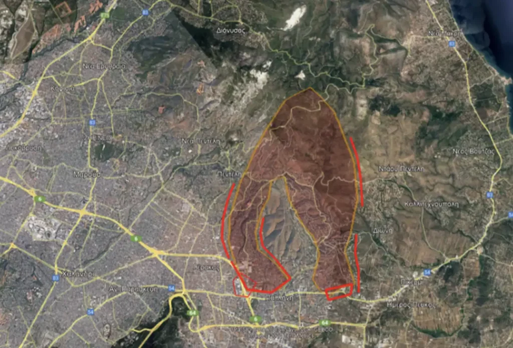 Φωτιά στην Πεντελή: Ενεργά μέτωπα σε Γέρακα, Ανθούσα, Παλλήνη, Διώνη και στη Μαραθώνος (video)