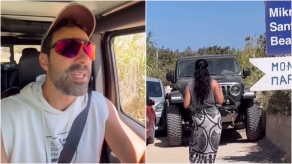 Χριστίνα Μπόμπα: Βοηθά τον Σάκη Τανιμανίδη να περάσει το  τζιπ που οδηγούσε σε στενό δρόμο – Βίντεο