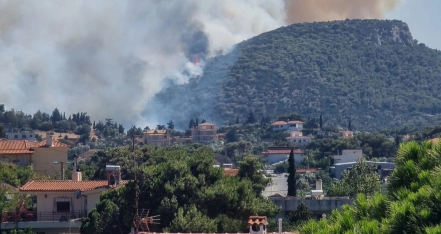 Mεγάλη φωτιά στη Ραφήνα κοντά σε σπίτια – Μήνυμα του 112 για εκκένωση οικισμών – Κλειστή η Μαραθώνος