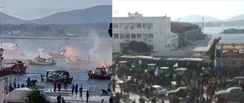 Αποκλεισμένο το λιμάνι του Βόλου – Οι αγρότες με τα τρακτέρ κλείνουν την είσοδο και οι ψαράδες με τα καϊκια το «πολιορκούν» από θαλάσσης (βίντεο)