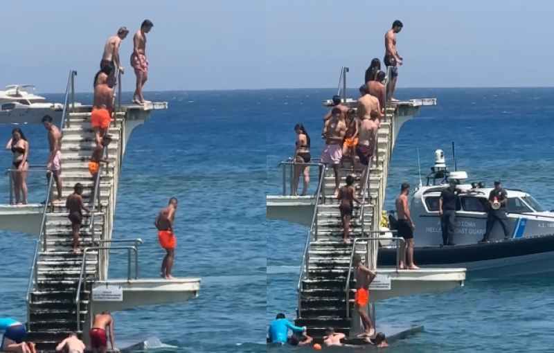 Βίντεο από τη στιγμή που το Λιμενικό απομακρύνει λουόμενους από σφραγισμένο λόγω προβλημάτων στατικότητας τραμπολίνο σε παραλία της Ρόδου